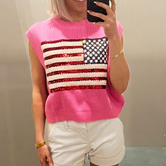 QUEEN OF SPARKLES Tops - QUEEN OF SPARKLES Neon Pink American Flag Sweater Tank